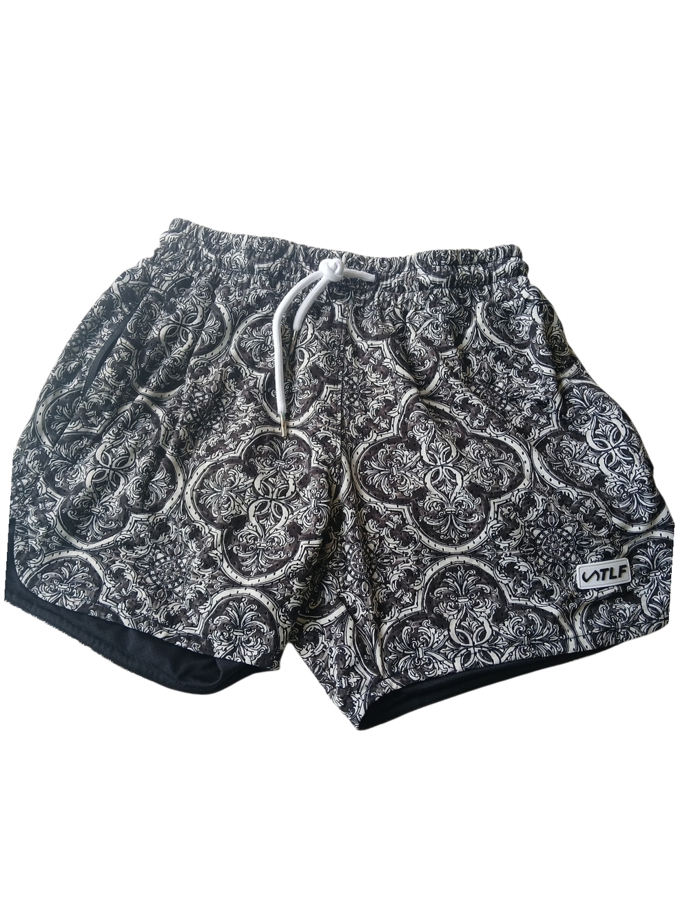TLF Apparel Graphic Mesh Shorts - Black/White Mediterranean Print Size Small